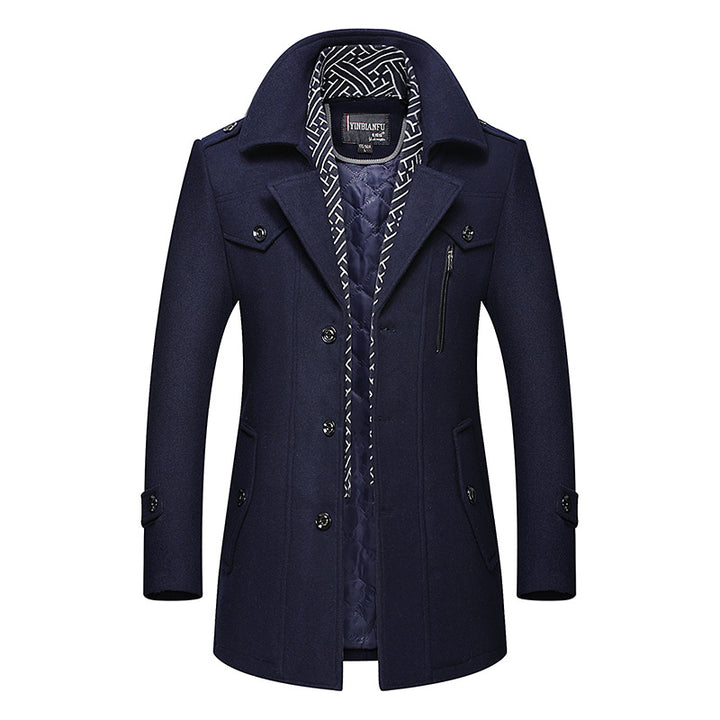 Men's mid-length wool blend coat with quilted inner jacket, shoulder flaps, and zip-up chest pocket Mune Fashion