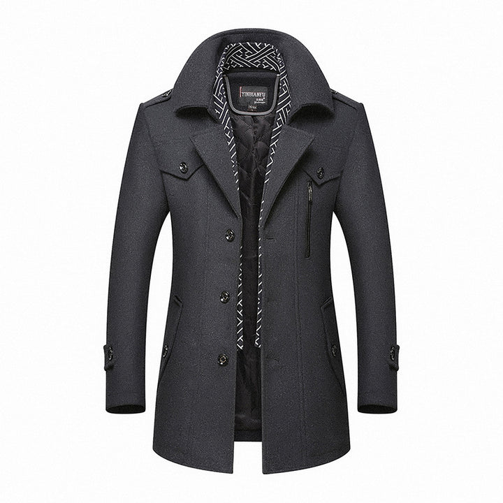Men's mid-length wool blend coat with quilted inner jacket, shoulder flaps, and zip-up chest pocket Mune Fashion