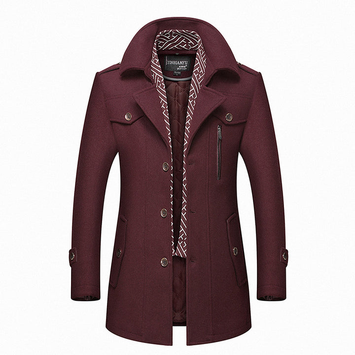 Men's mid-length wool blend coat with quilted inner jacket, shoulder flaps, and zip-up chest pocket Mune Fashion