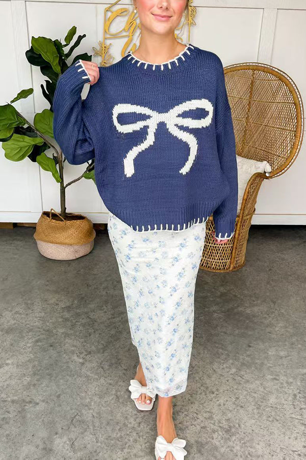 Mune | Christmas Bow Contrast Color Included Edge Long Sleeve Knitted Sweater