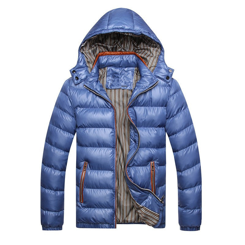 Men's Shiny Quilted Hoodie with Horizontal Stitching and Contrast Zippers Mune Fashion