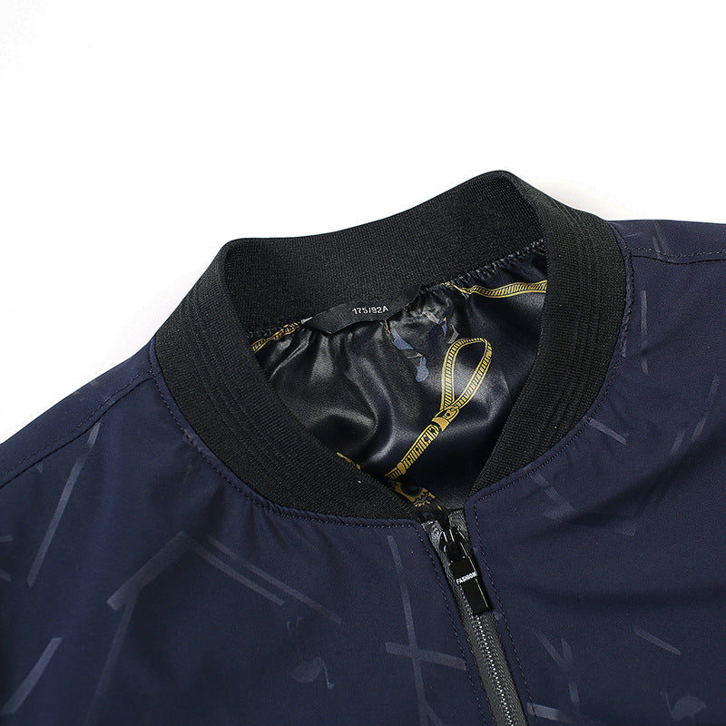 Men's Lightweight Bomber Jacket with Abstract Allover Print, Zipper Pockets and Patterned Satin Lining Mune Fashion