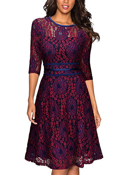 Women's Lace A-Line Knee-Length Dress with Sheer Top and Three-Quarter Sleeves Mune Fashion