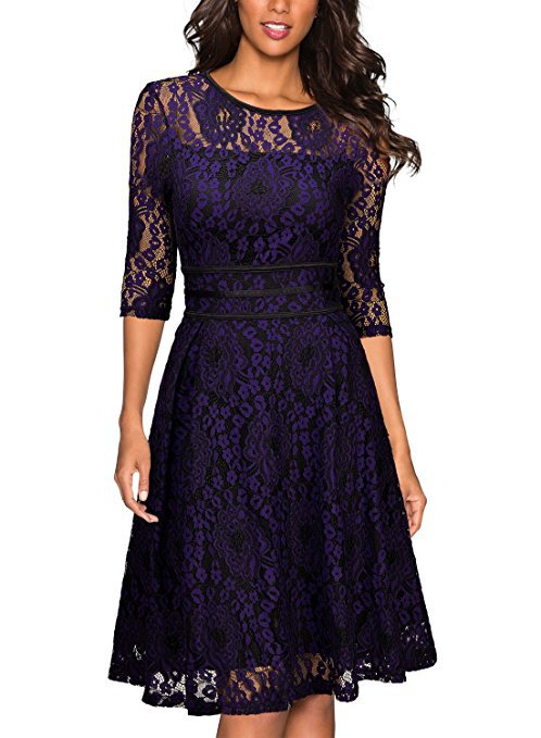 Women's Lace A-Line Knee-Length Dress with Sheer Top and Three-Quarter Sleeves Mune Fashion