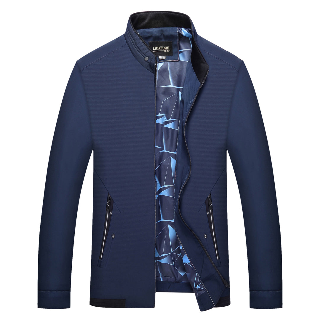 Men's Slim Stand Collar Transition Jacket with Zipper, Water-Repellent Outer Surface and Geometric Lining Mune Fashion