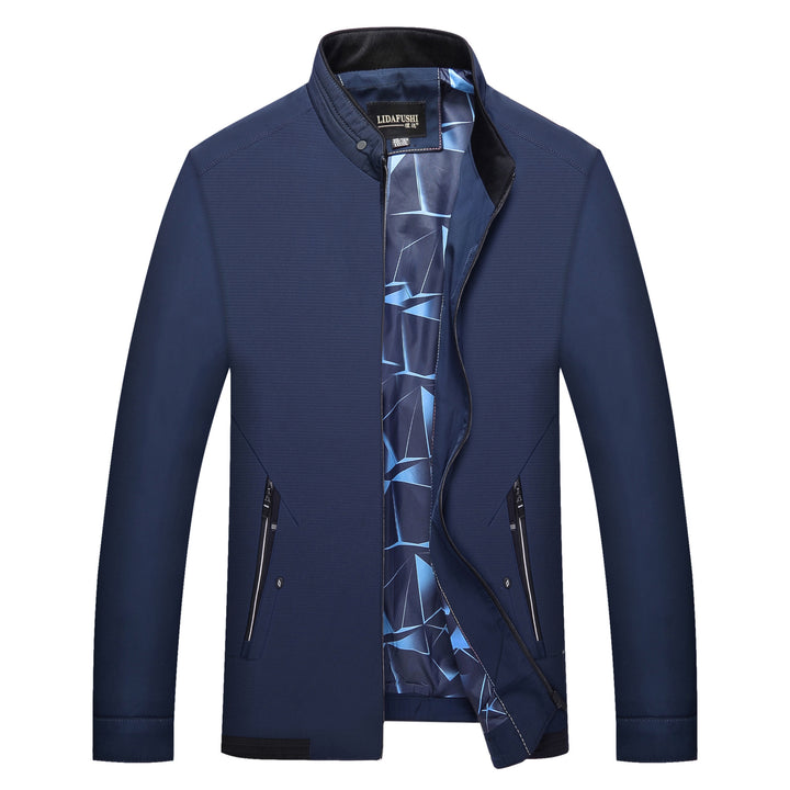 Men's Slim Stand Collar Transition Jacket with Zipper, Water-Repellent Outer Surface and Geometric Lining Mune Fashion