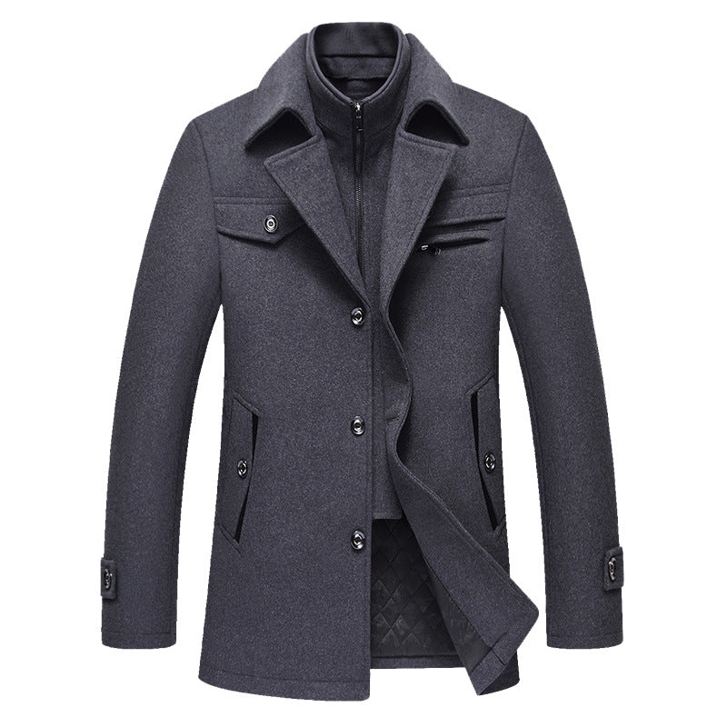 Men's Mid-length Wool Blend Short Coat with Integrated Quilted Inner Jacket and Shirt Collar Mune Fashion