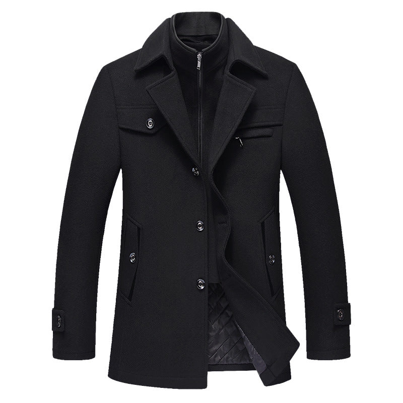 Men's Mid-length Wool Blend Short Coat with Integrated Quilted Inner Jacket and Shirt Collar Mune Fashion