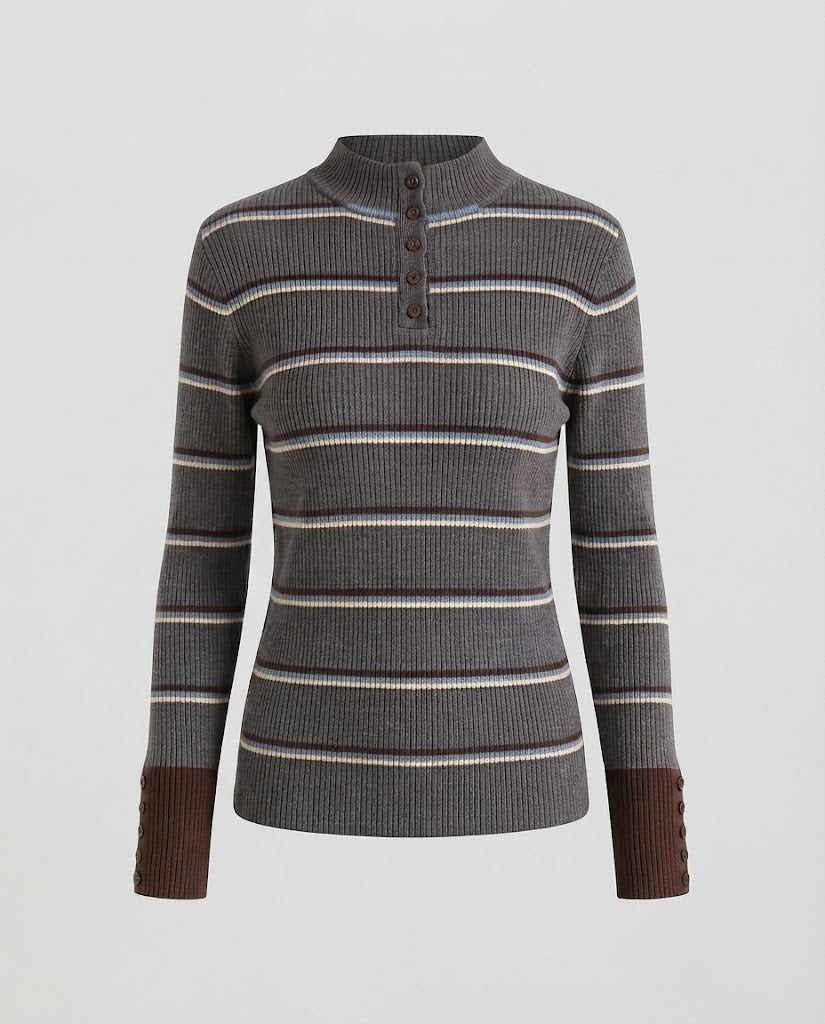 Women's Striped Ribbed Sweater with Stand-Up Collar, Button Placket, and Contrast Cuffs Mune Fashion