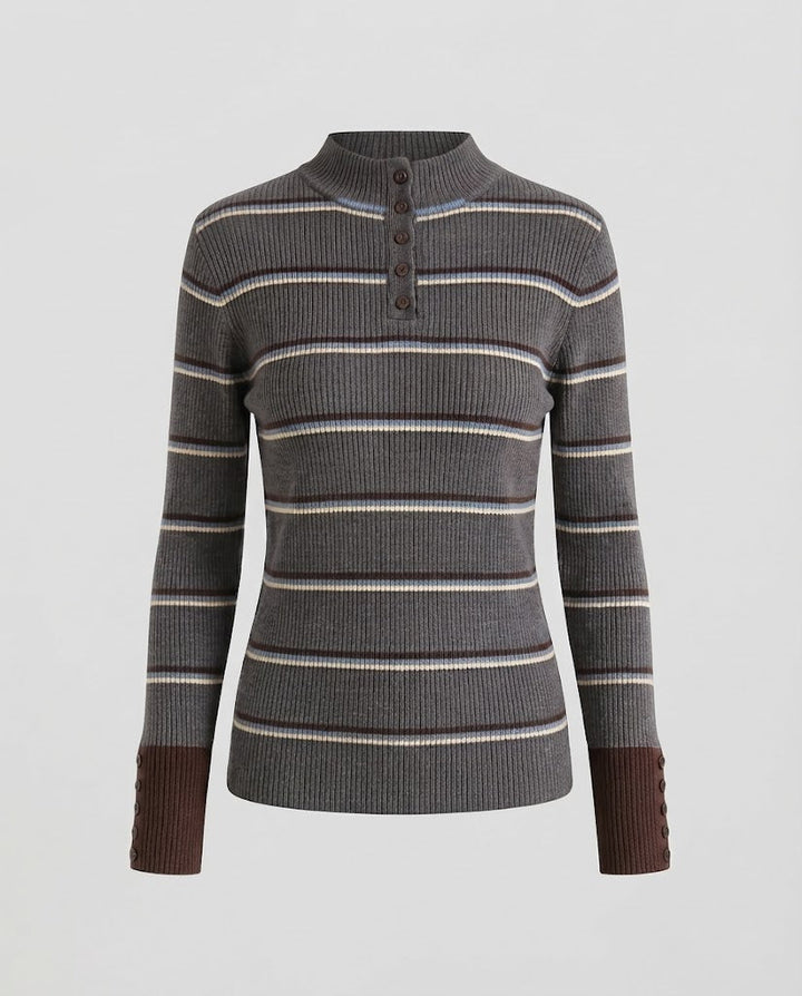 Women's Striped Ribbed Sweater with Stand-Up Collar, Button Placket, and Contrast Cuffs Mune Fashion