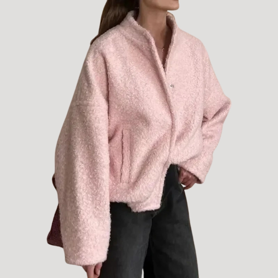 Mune | Women's Boucle Teddy Bomber Jacket pink with zipper