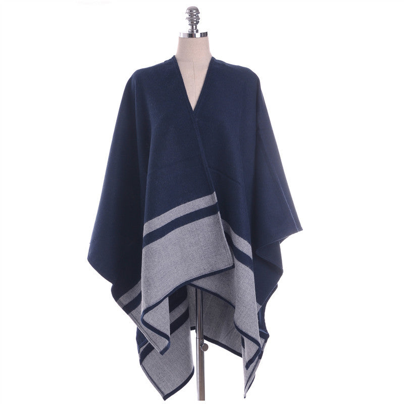 Women's oversized ruana in boxy cape cut with contrasting border outside