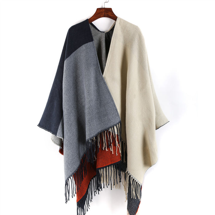 Women's Reversible Cape Poncho in Block Stripe Look with Fringe