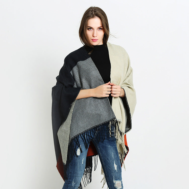Women's Reversible Cape Poncho in Block Stripe Look with Fringe