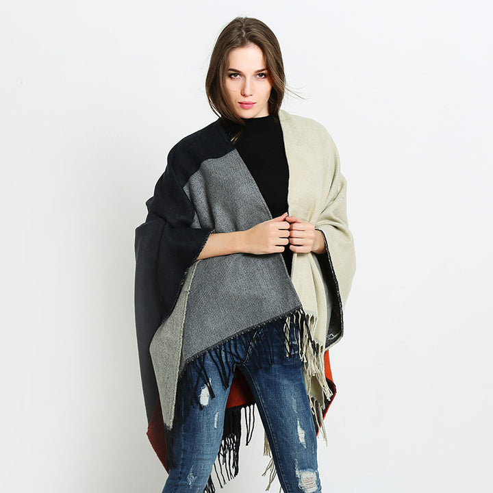 Women's Reversible Cape Poncho in Block Stripe Look with Fringe