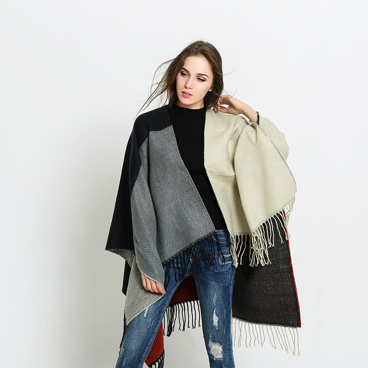 Women's Reversible Cape Poncho in Block Stripe Look with Fringe