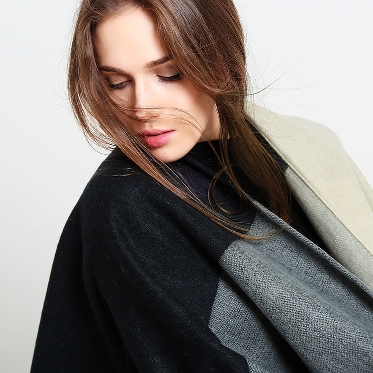 Women's Reversible Cape Poncho in Block Stripe Look with Fringe