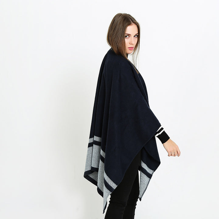 Women's oversized ruana in boxy cape cut with contrasting border outside