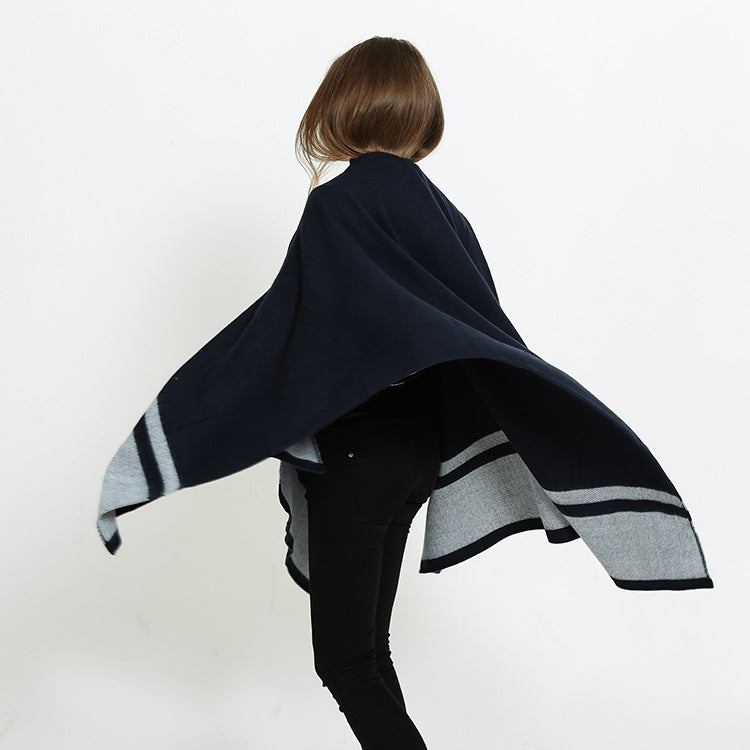 Women's oversized ruana in boxy cape cut with contrasting border outside