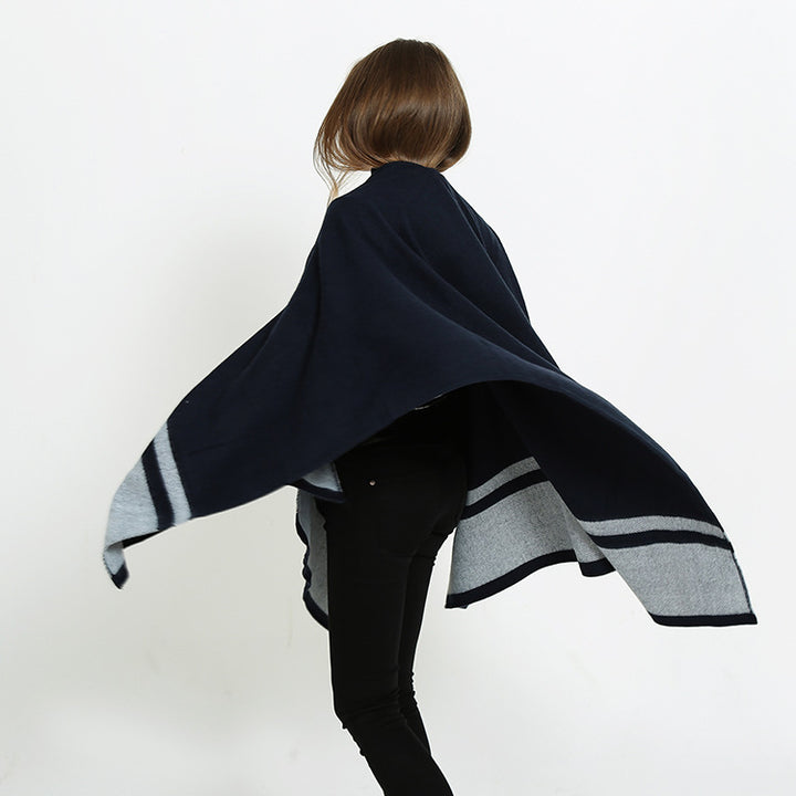 Women's oversized ruana in boxy cape cut with contrasting border outside