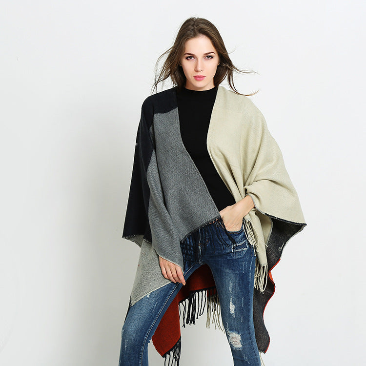 Women's Reversible Cape Poncho in Block Stripe Look with Fringe