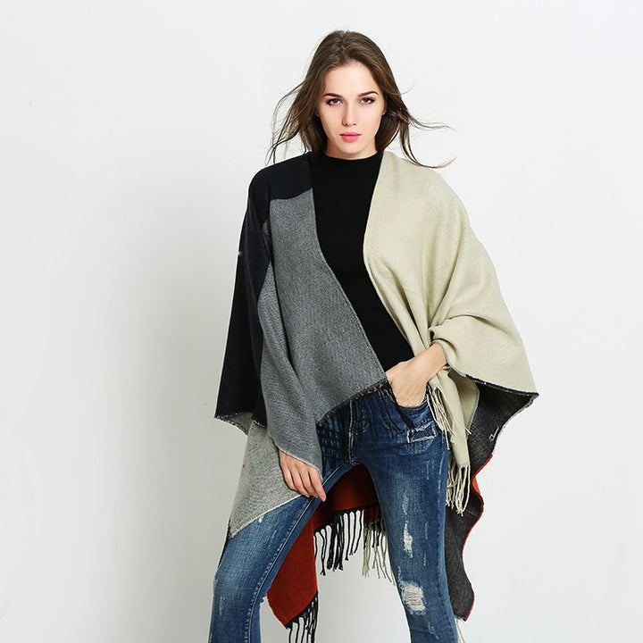 Women's Reversible Cape Poncho in Block Stripe Look with Fringe
