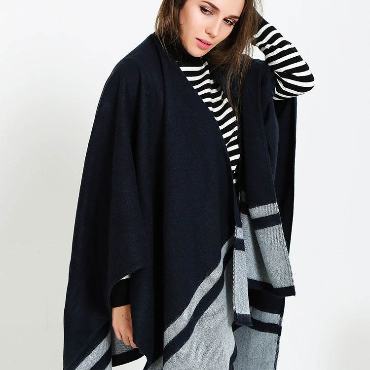 Women's oversized ruana in boxy cape cut with contrasting border outside