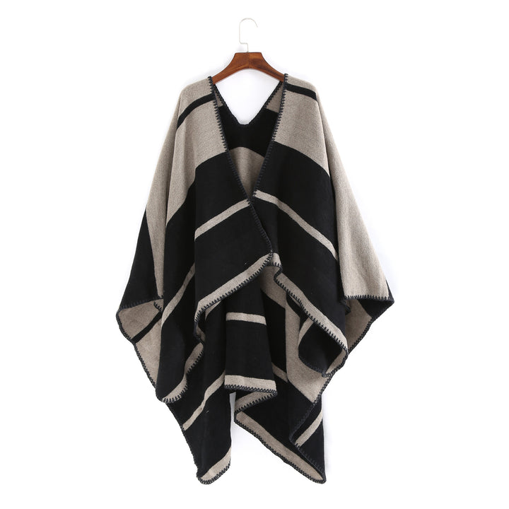 Women Oversize Ruana with geometric block stripes and decorative seams Mune Fashion
