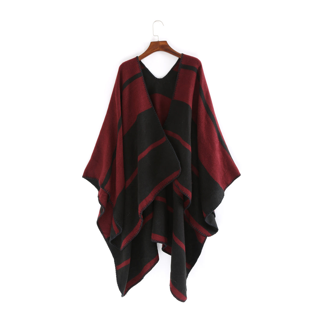 Women Oversize Ruana with geometric block stripes and decorative seams Mune Fashion
