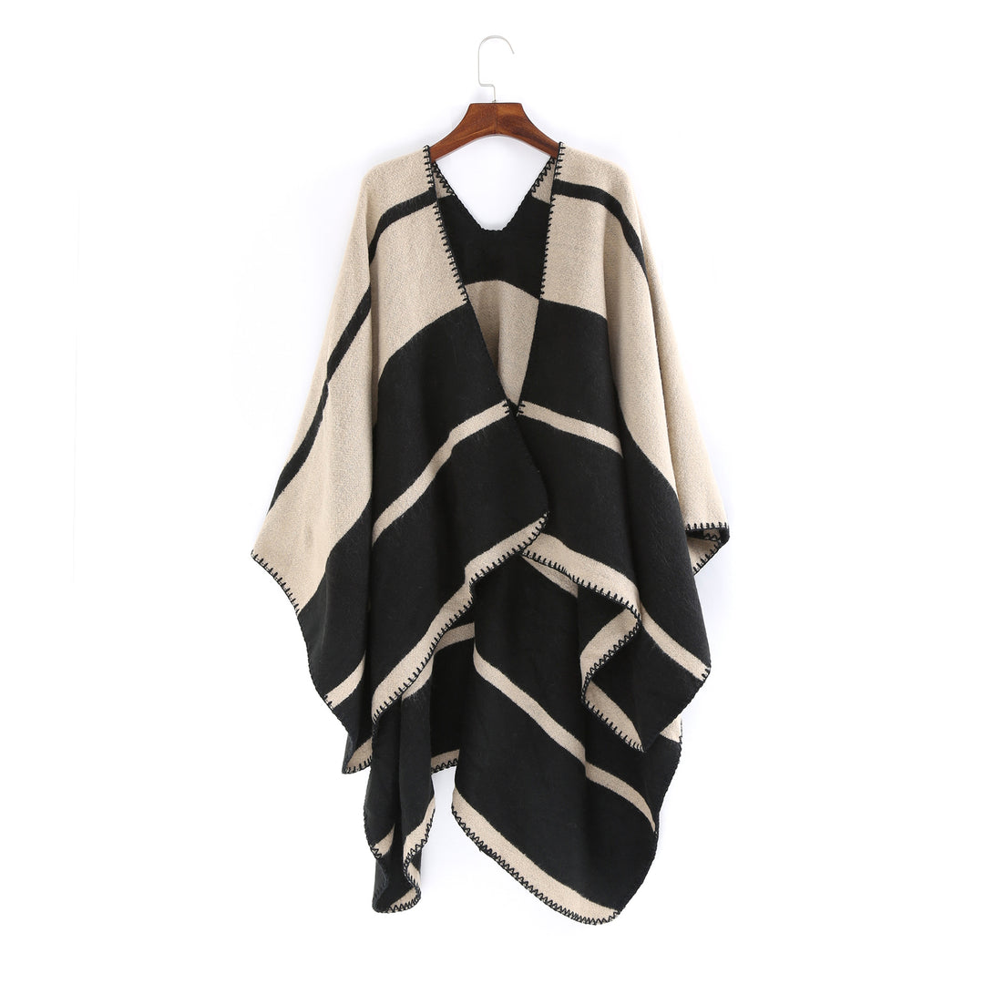 Women Oversize Ruana with geometric block stripes and decorative seams Mune Fashion