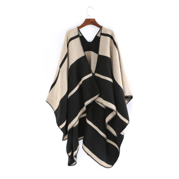 Women Oversize Ruana with geometric block stripes and decorative seams Mune Fashion