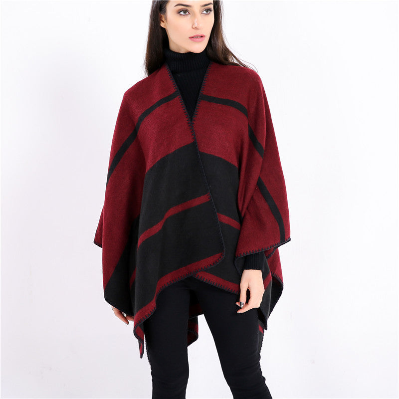 Women Oversize Ruana with geometric block stripes and decorative seams Mune Fashion