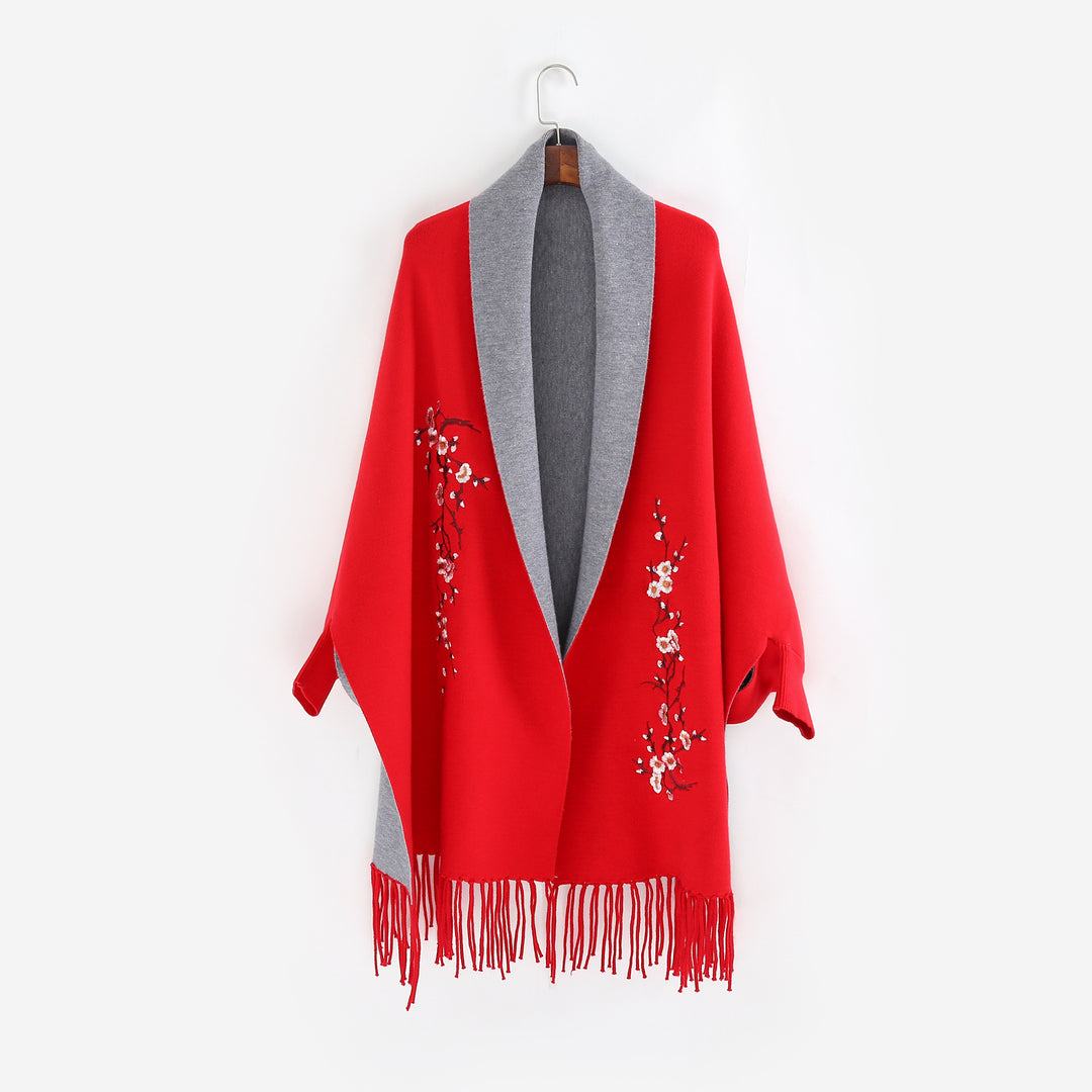 Women's Reversible Knit Ruana with Floral Embroidery and Fringe Hem Mune Fashion