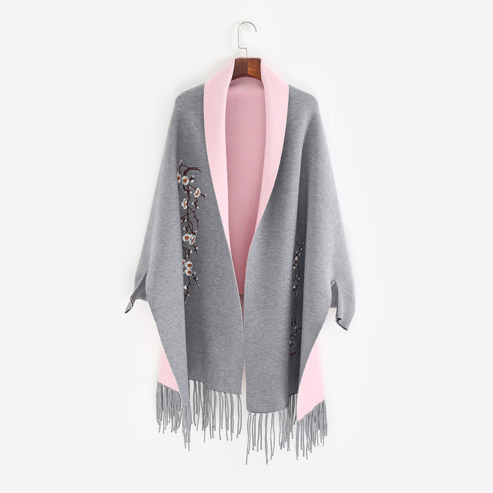 Women's Reversible Knit Ruana with Floral Embroidery and Fringe Hem Mune Fashion