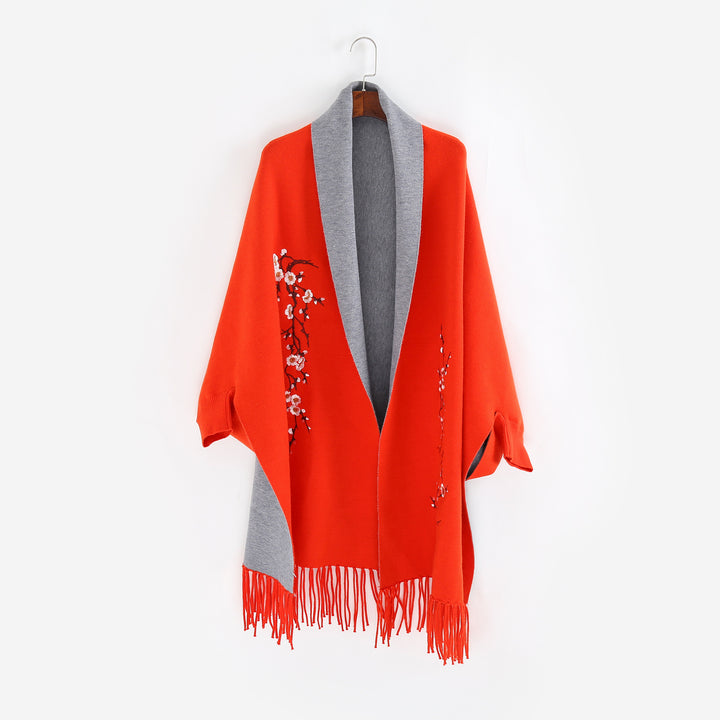 Women's Reversible Knit Ruana with Floral Embroidery and Fringe Hem Mune Fashion