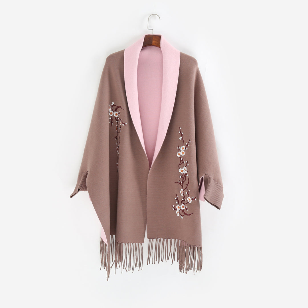 Women's Reversible Knit Ruana with Floral Embroidery and Fringe Hem Mune Fashion