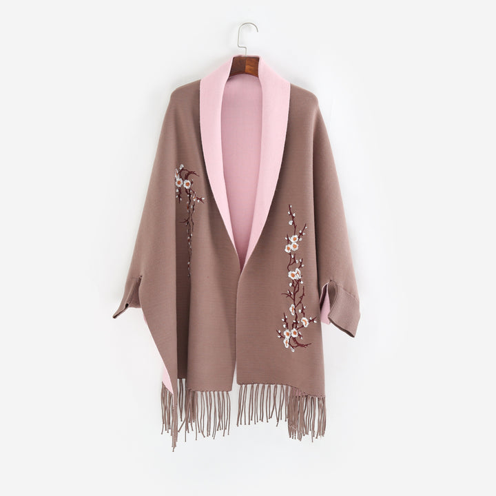 Women's Reversible Knit Ruana with Floral Embroidery and Fringe Hem Mune Fashion