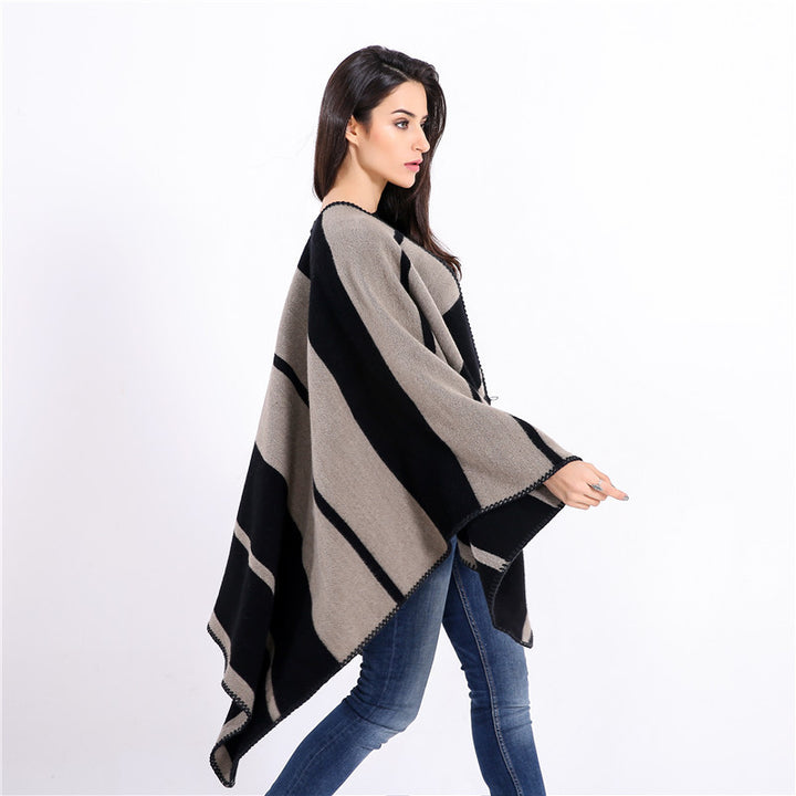 Women Oversize Ruana with geometric block stripes and decorative seams Mune Fashion