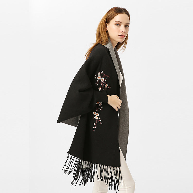 Women's Reversible Knit Ruana with Floral Embroidery and Fringe Hem Mune Fashion