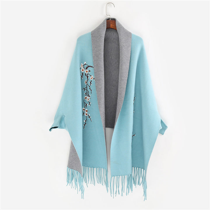 Women's Reversible Knit Ruana with Floral Embroidery and Fringe Hem Mune Fashion