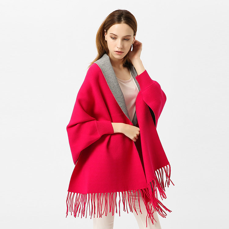 Ladies cape scarf with embroidered lining and fringe hem Mune Fashion