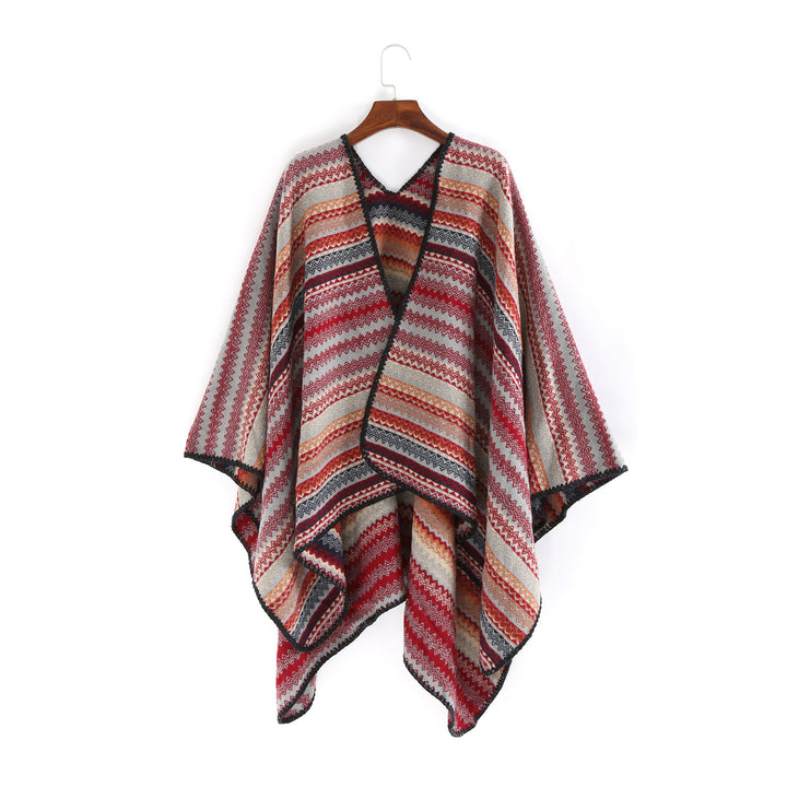 Women's oversized knitted ruana in jacquard zigzag with crocheted edge Mune Fashion