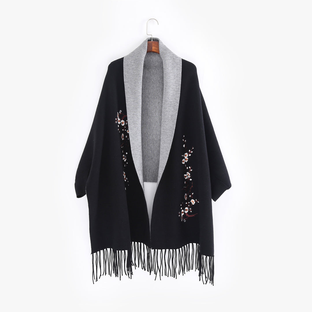 Women's Reversible Knit Ruana with Floral Embroidery and Fringe Hem Mune Fashion