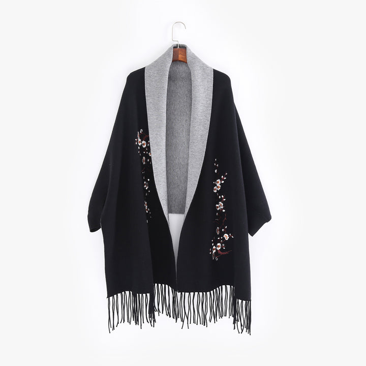 Women's Reversible Knit Ruana with Floral Embroidery and Fringe Hem Mune Fashion