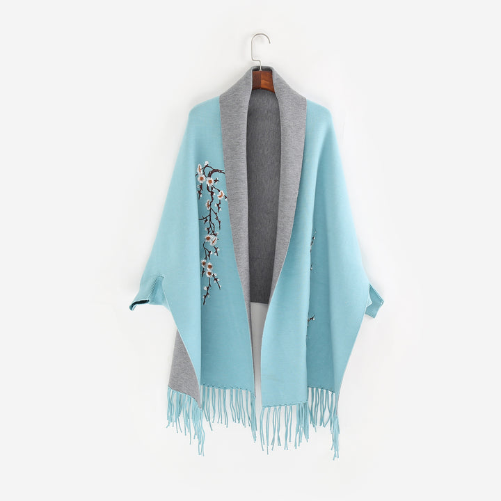 Women's Reversible Knit Ruana with Floral Embroidery and Fringe Hem Mune Fashion