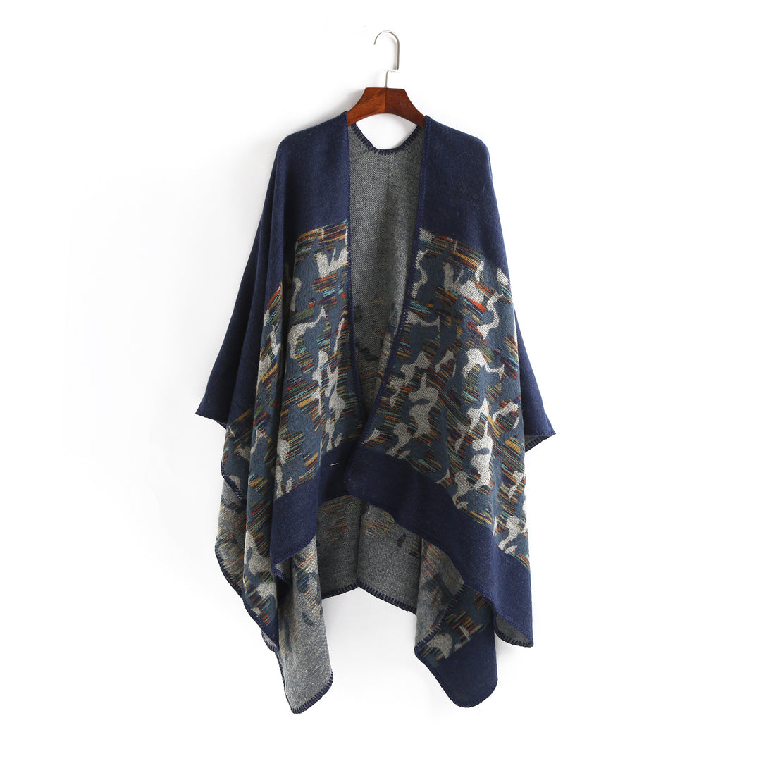 Ladies Oversize Ruana Cape made of wool blend with geometric jacquard trim Mune Fashion