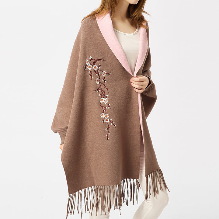 Women's Reversible Knit Ruana with Floral Embroidery and Fringe Hem Mune Fashion