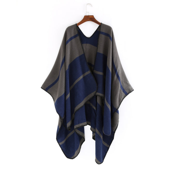 Women Oversize Ruana with geometric block stripes and decorative seams Mune Fashion