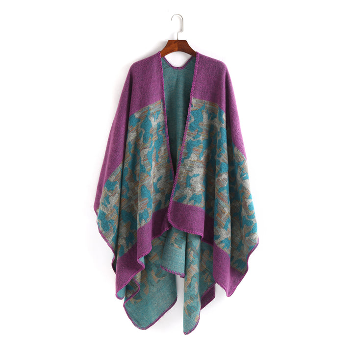 Ladies Oversize Ruana Cape made of wool blend with geometric jacquard trim Mune Fashion