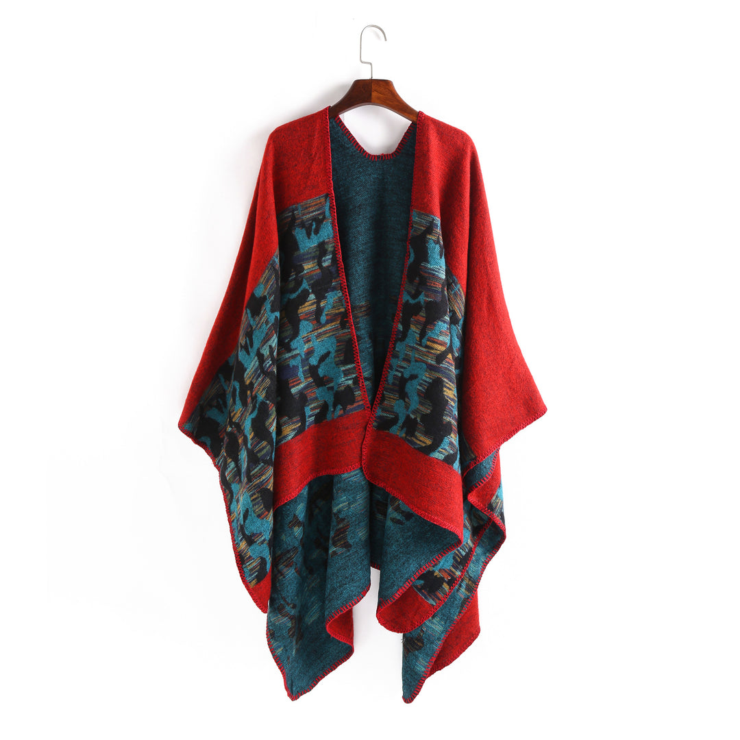 Ladies Oversize Ruana Cape made of wool blend with geometric jacquard trim Mune Fashion